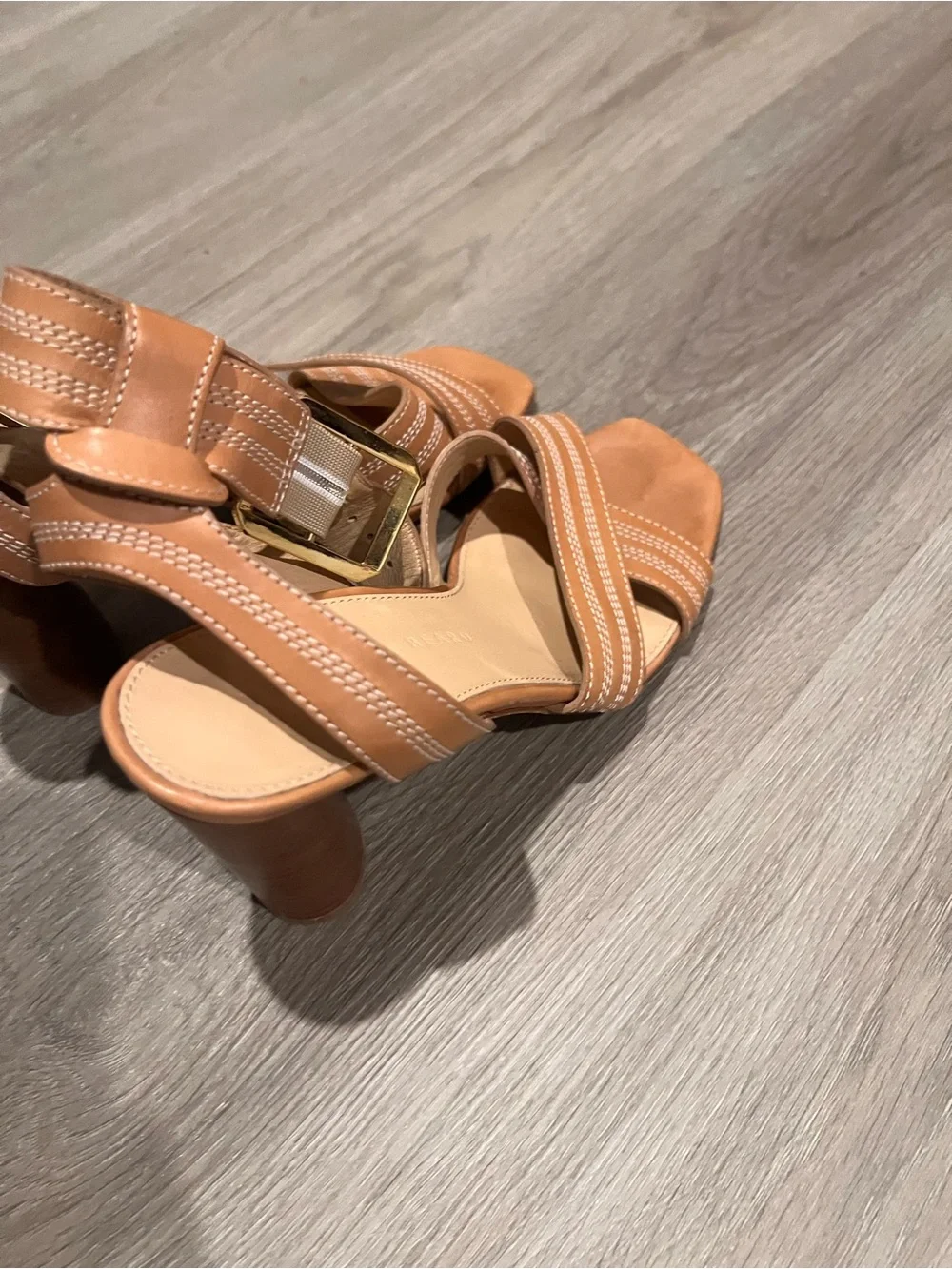Veronica Beard Tan Leather Ankle-Strap Block Heels